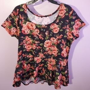 Black and Pink Short Sleeve Floral Top
